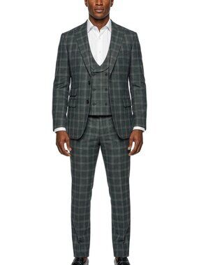 Hunter Green Windowpane Plaid 3 Piece Stacy Adams Men's Suit